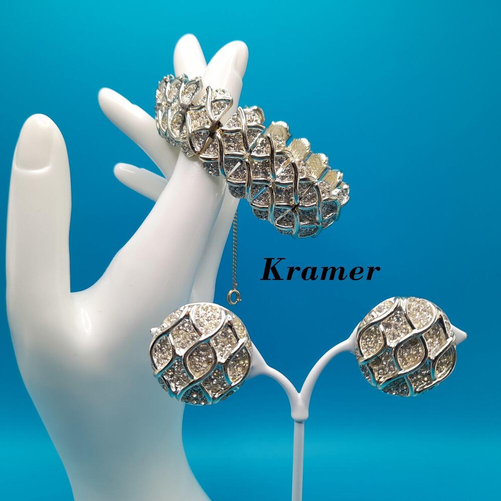 Vintage Kramer Rhinestone Bracelet Earrings Set Rhodium Pave 1960s